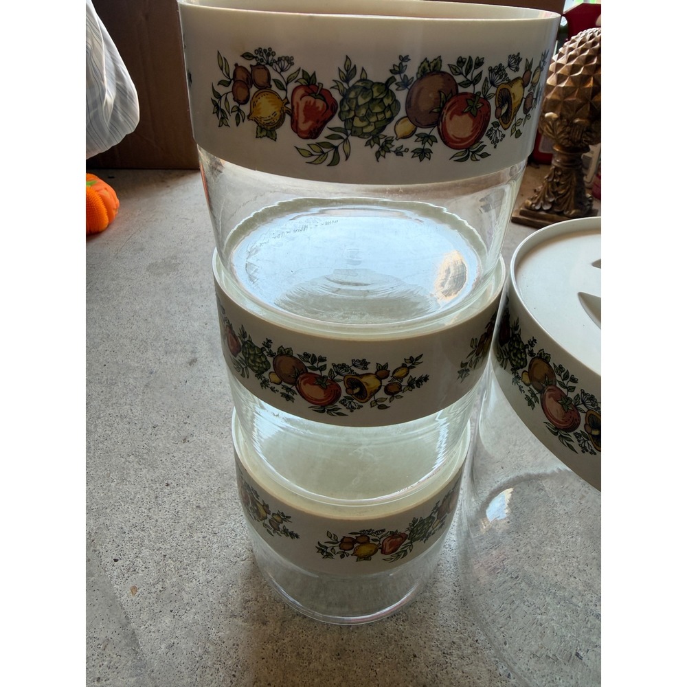 Vintage Pyrex Spice of Life Glass Canister Set 4 Piece White Lids Vegetable Herb